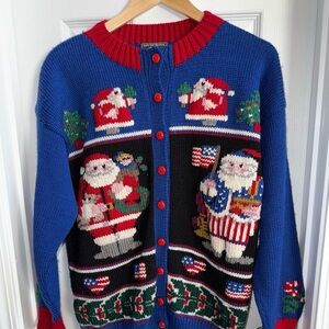 Vintage South Wool Sweater Hand Embroidered Santa Flag Sz L Virgin Wool Holiday
